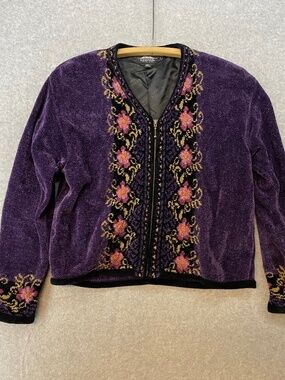 Icelandic Design Size L Cardigan Sweater  Chenille • Purple Embroidered Full Zip